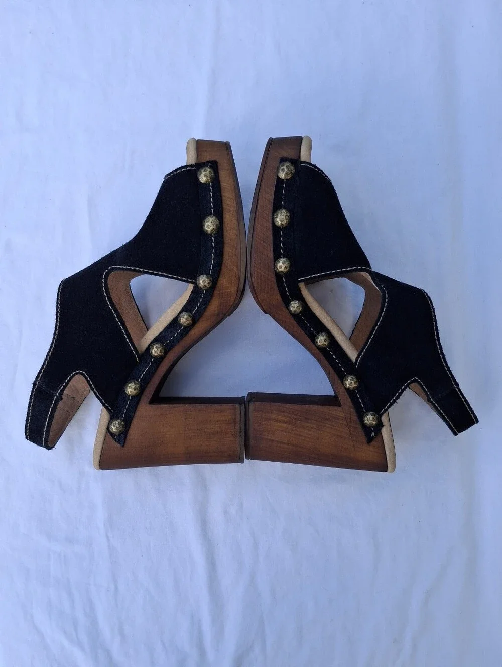 Californians Black Suede Studded Wood Sole Slingback Platform Sandals Clogs Sz 7